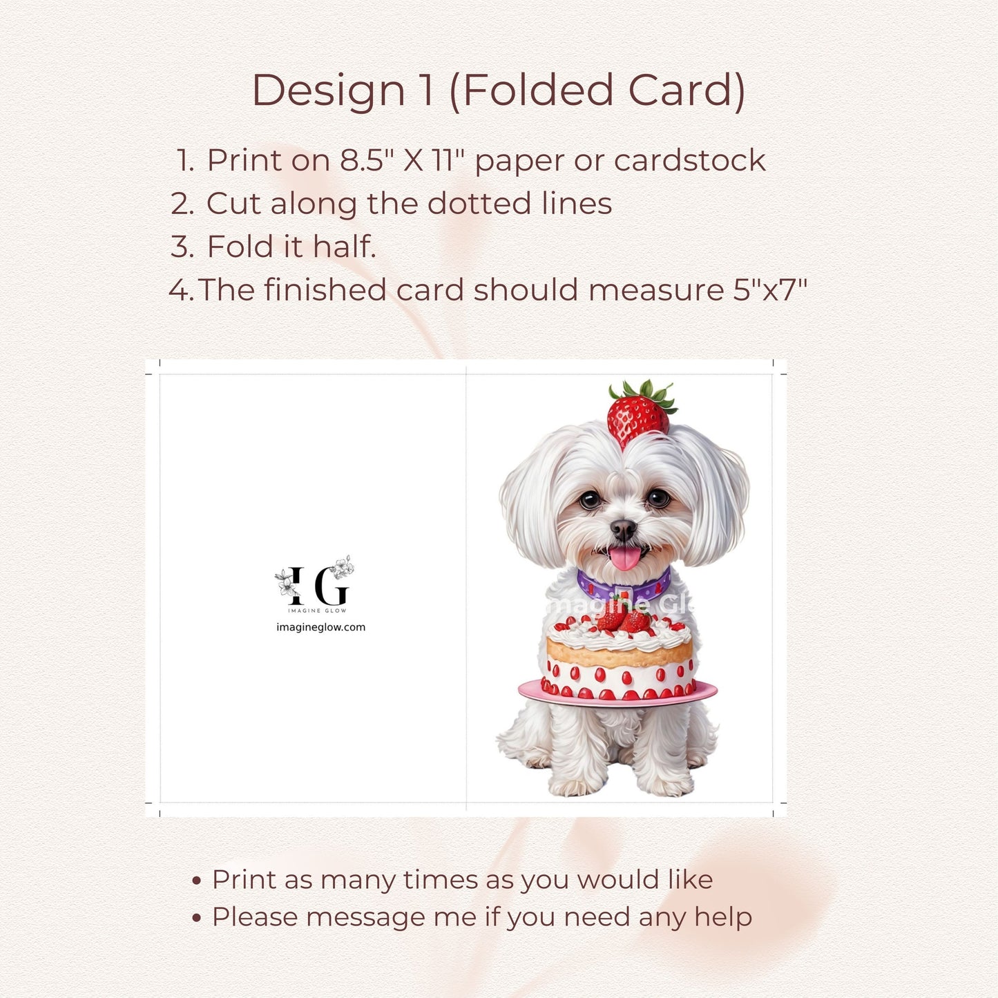 Printable birthday card showcasing a Maltese dog design