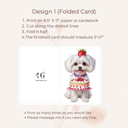 Printable birthday card showcasing a Maltese dog design