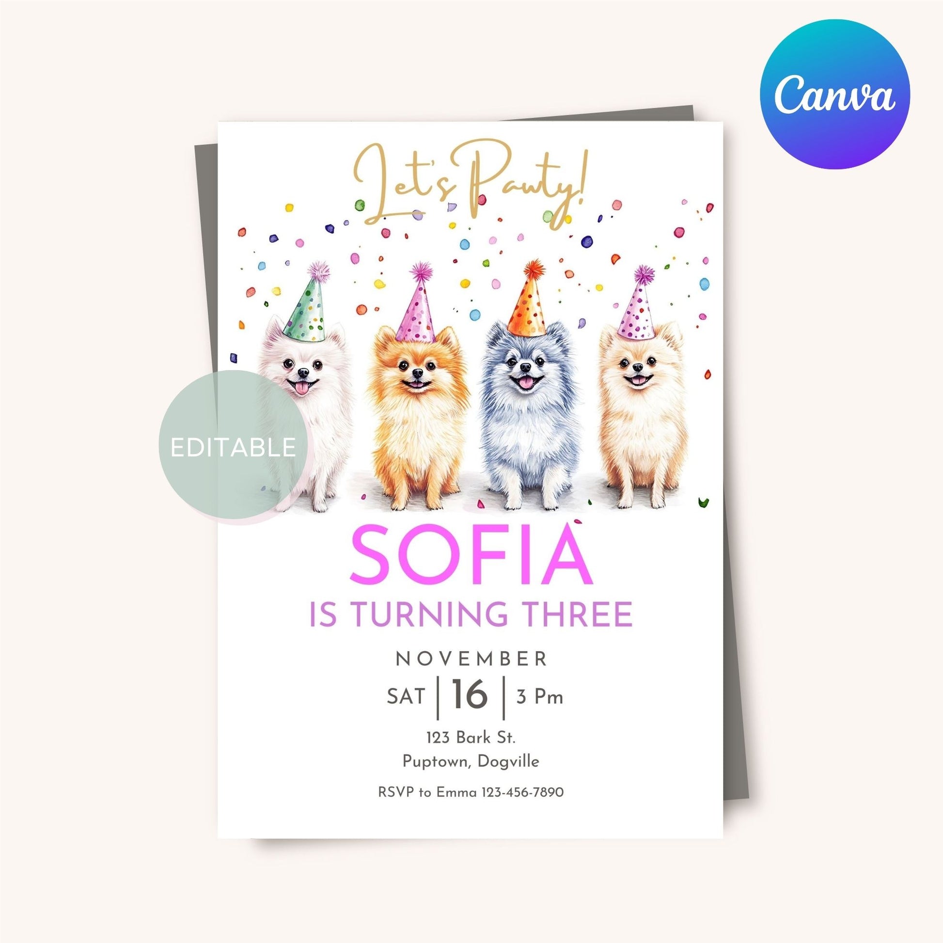 Printable Pomeranian birthday invitation template, digital download.