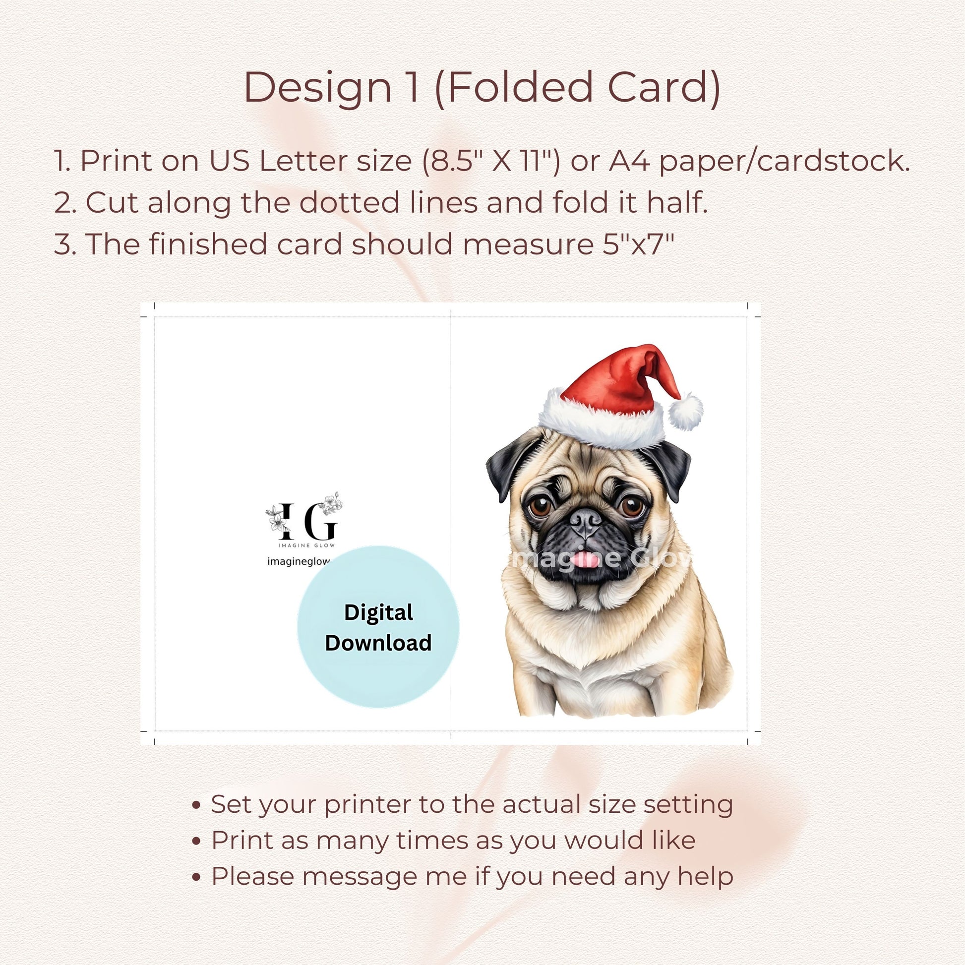 Pug Christmas card, ideal for festive holiday celebrations.
Cute pug dog Christmas card for sharing holiday joy.