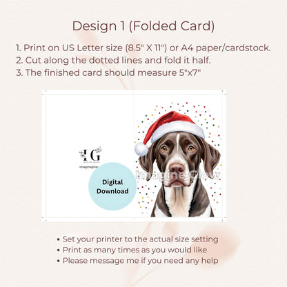 Festive German Shorthaired Pointer dog Christmas card, printable for holiday cheer.