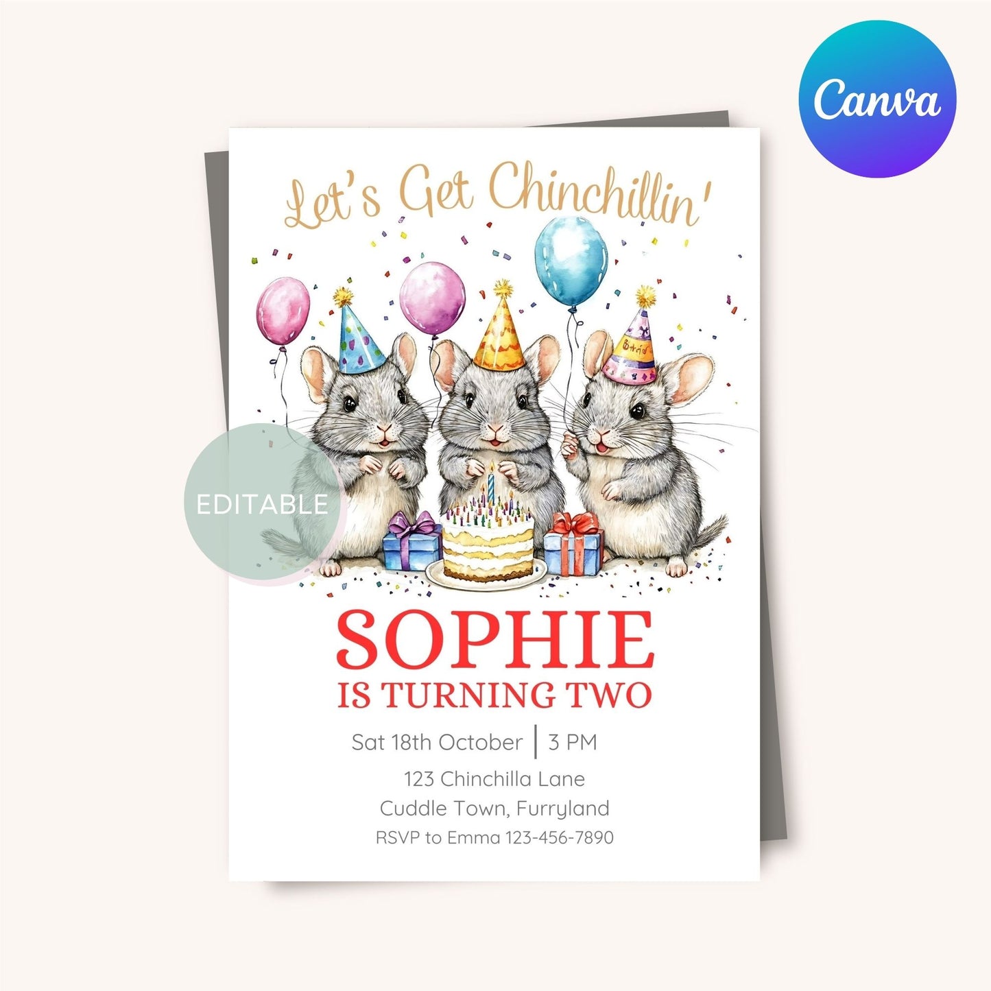 Editable chinchilla birthday invitation template, customizable in Canva.