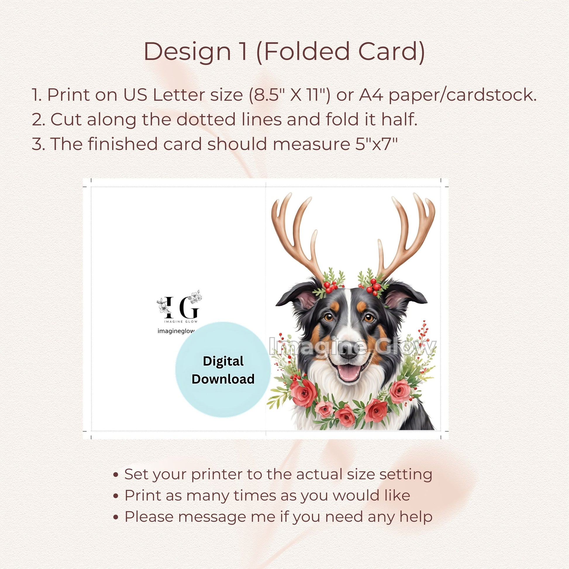 Cute Border Collie dog printable card for Christmas.