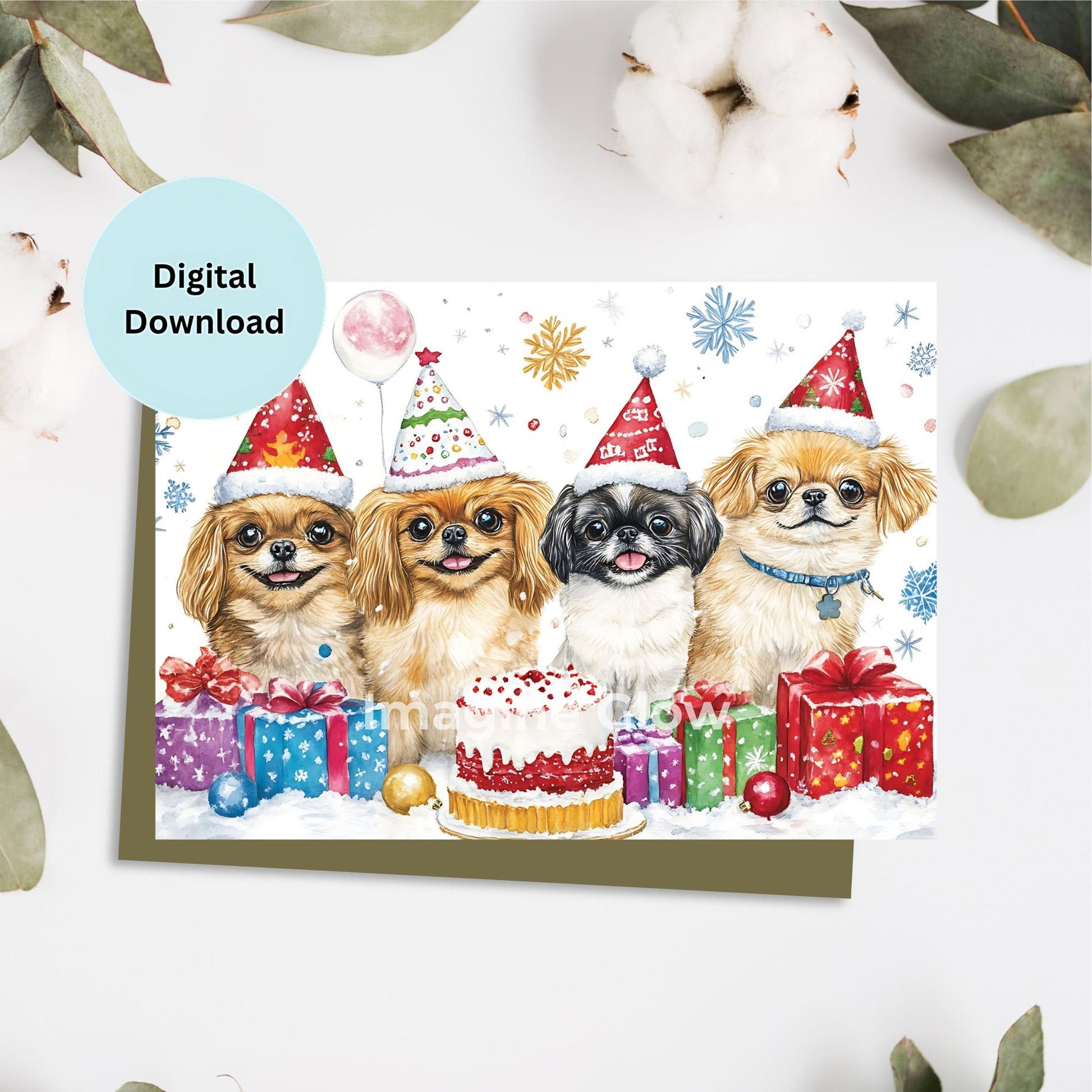 Adorable Pekingese Dogs Christmas card with festive holiday decorations