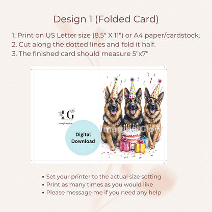 Printable birthday card with German Shepherd dogs celebration