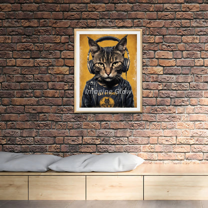 Printable Cat Listening to Music artwork with a retro design.