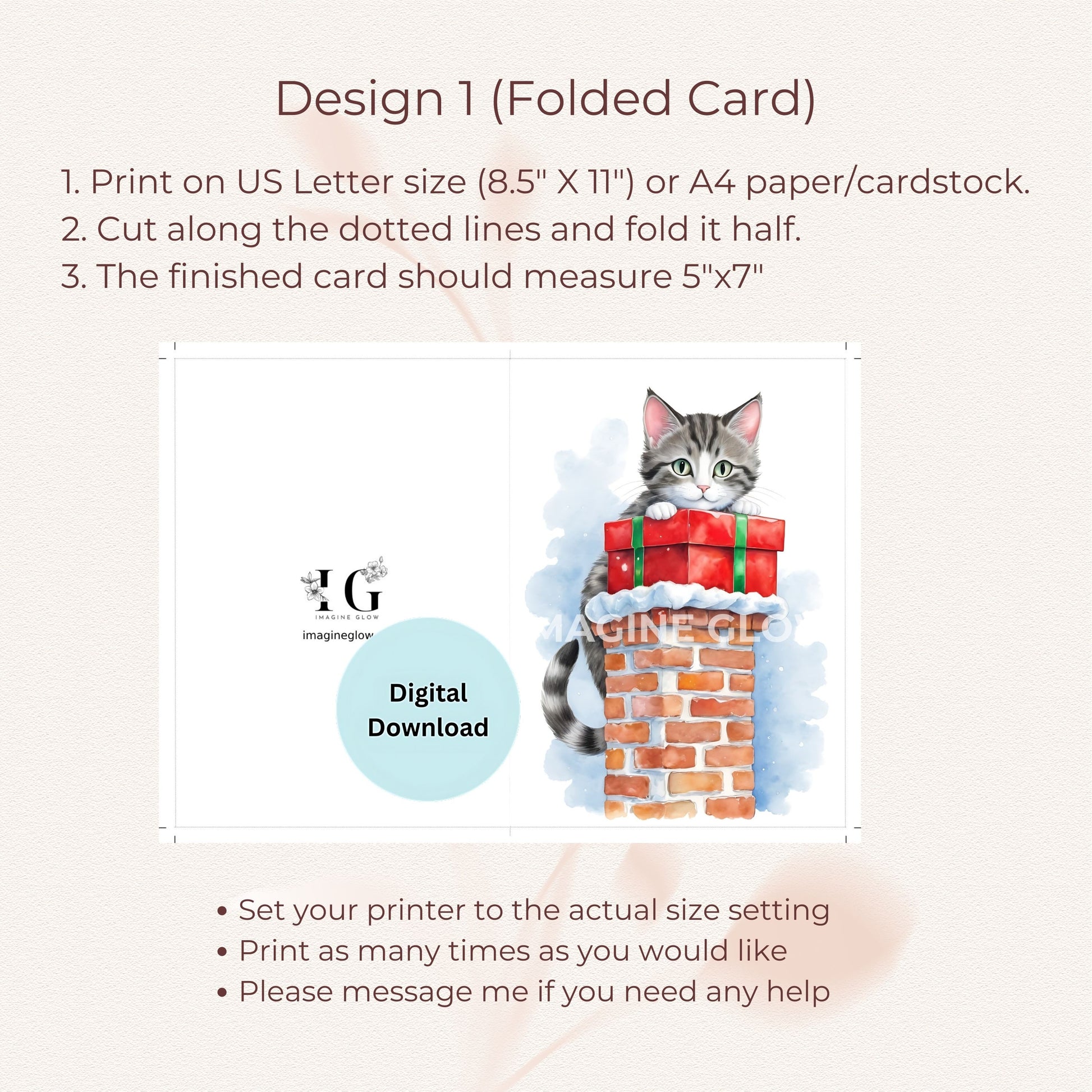 Adorable cat holiday greeting card set, printable and easy to customize.
