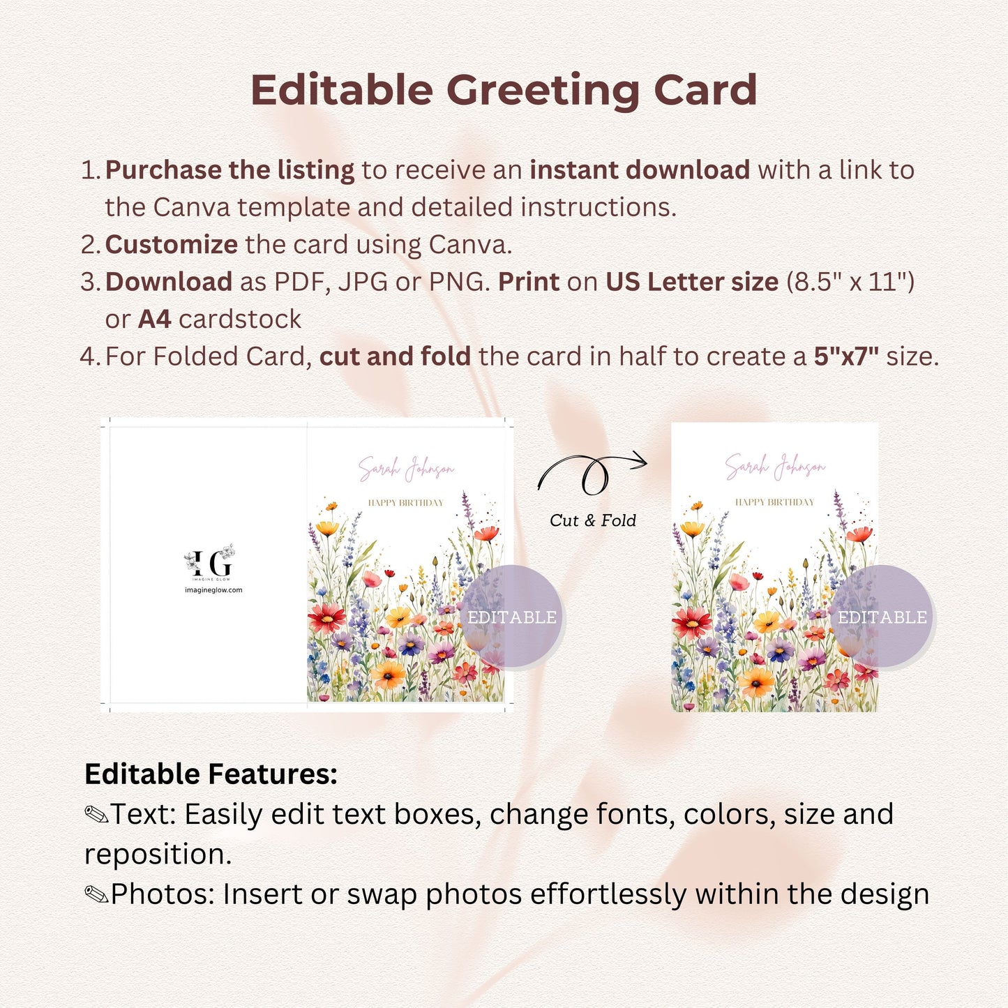 Editable Wildflower Greeting Card Template - Printable Floral Birthday Card - Customizable Canva Design