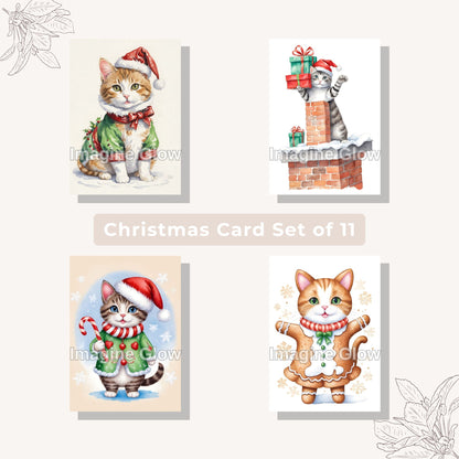 Set of 11 cat Christmas cards with festive pet costume F for holiday greetings