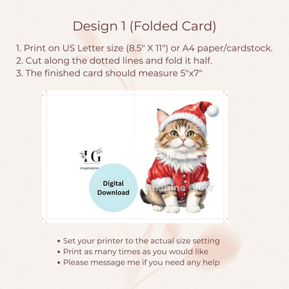 Printable cat Christmas cards, perfect for sending holiday cheer with adorable pet costumes.