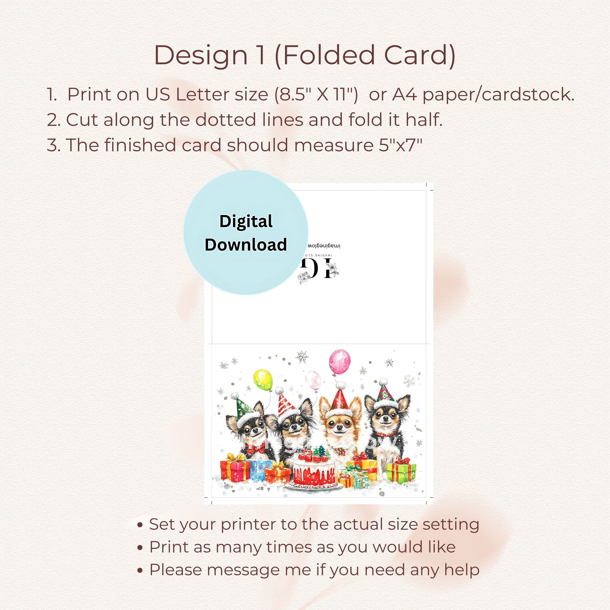 Playful dog-themed greeting card showcasing Chihuahuas in Christmas attire