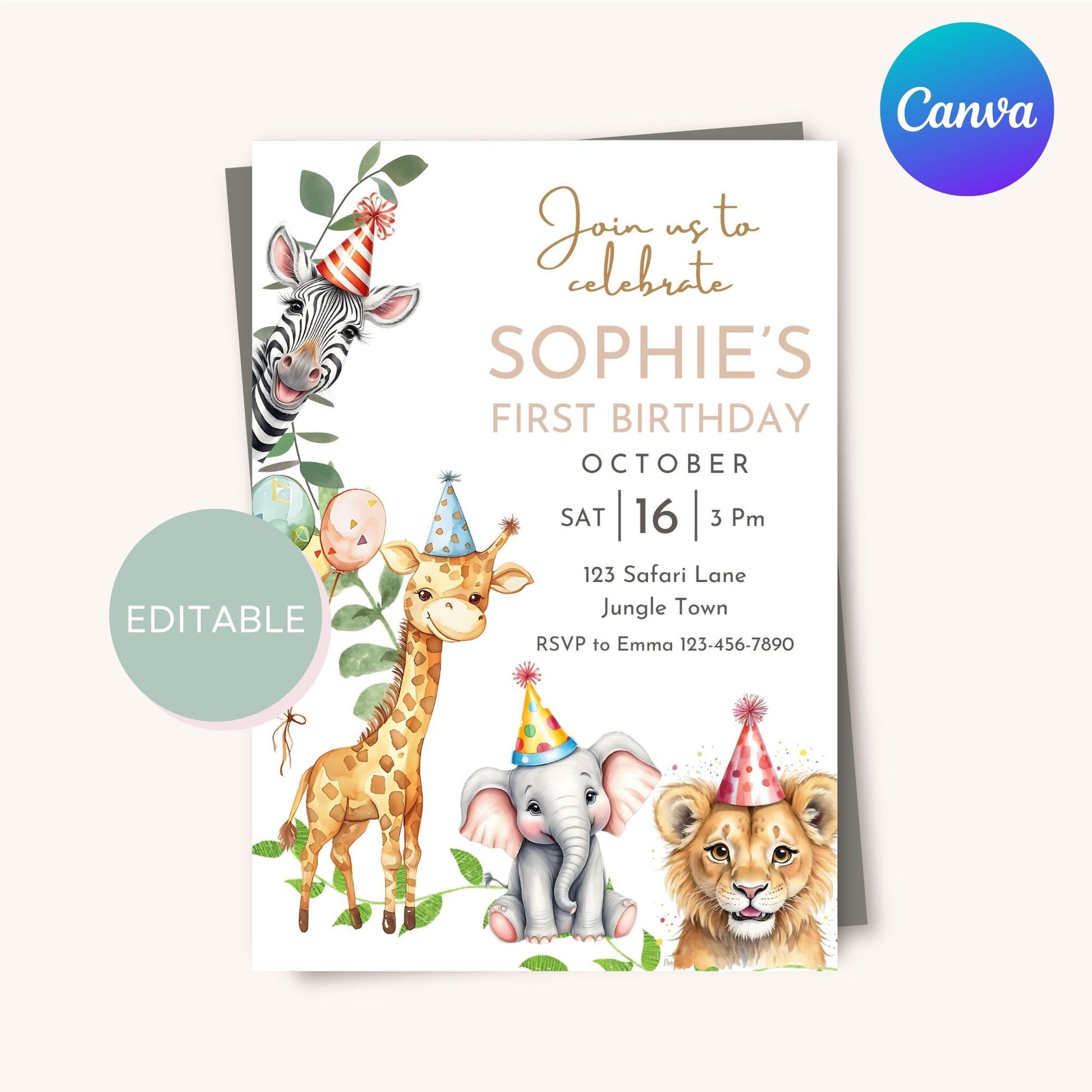 Personalized jungle animal birthday invitation, editable in Canva