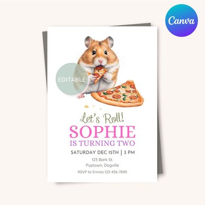 Hamster with Pizza Birthday Invitation Design - Digital Download, Editable in Canva