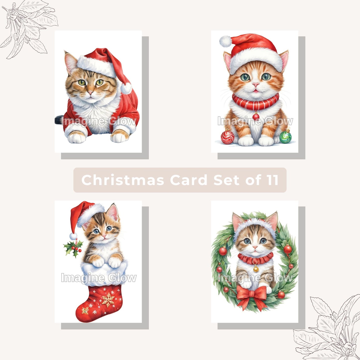 Set of 11 cat Christmas cards with festive pet costume C for holiday greetings.