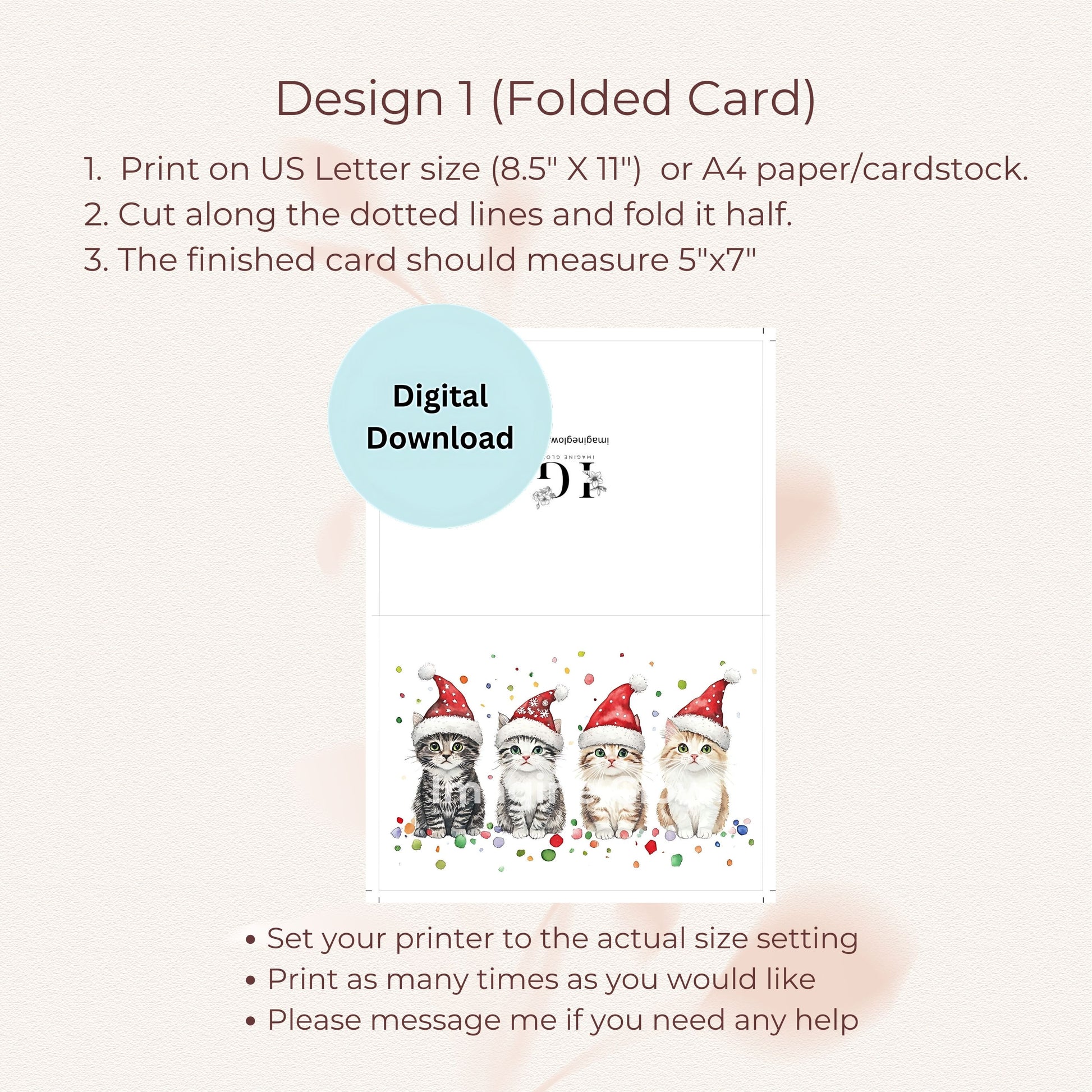 Adorable holiday greeting card featuring a playful kitten in a Christmas setting