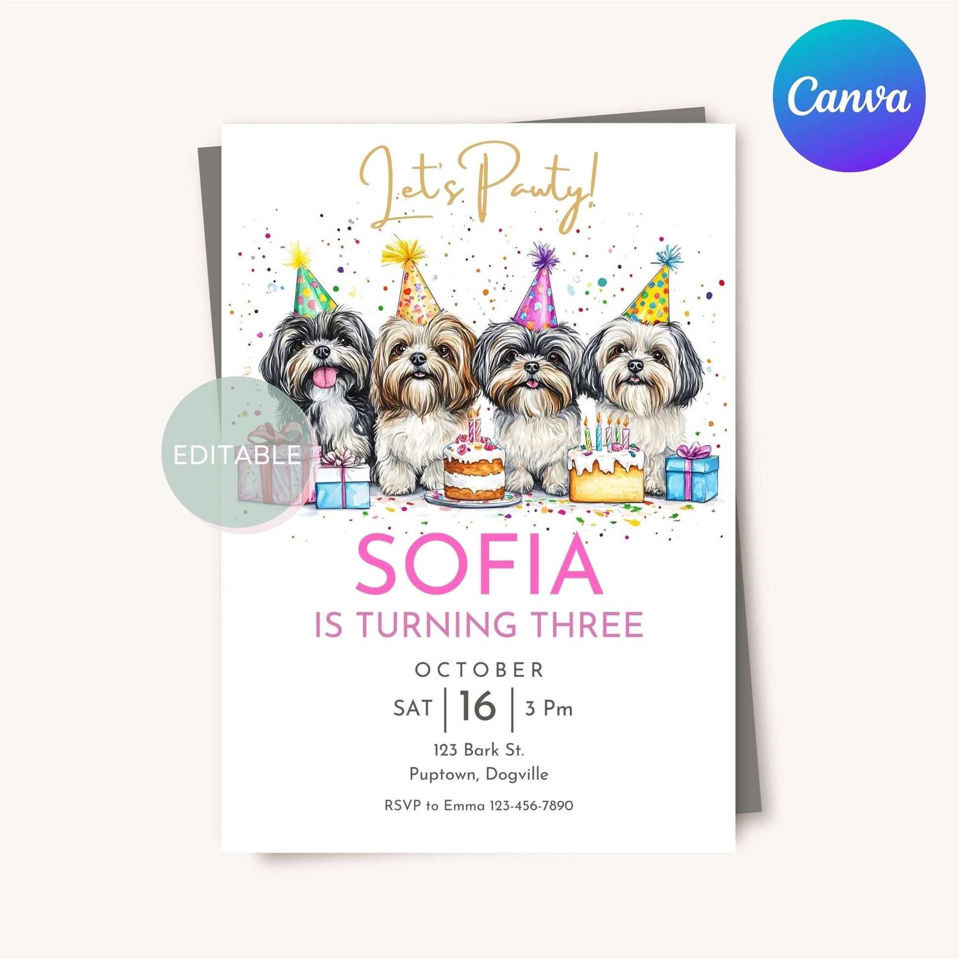 Shih Tzu-themed birthday invite, editable in Canva, ideal for dog enthusiasts.