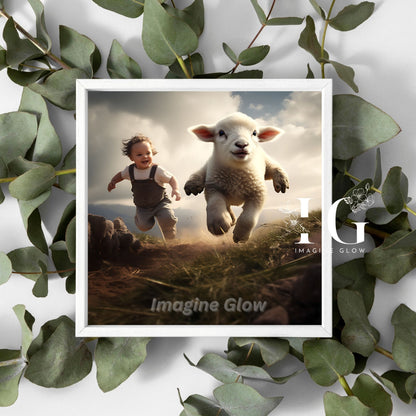 Funny Lamb and Boy Art Print