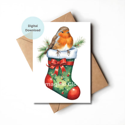 Printable holiday greeting card with a charming robin illustration
