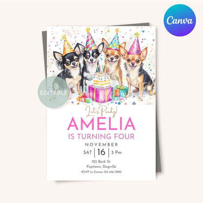 Personalized birthday invitation template featuring four Chihuahua dogs, ready to print