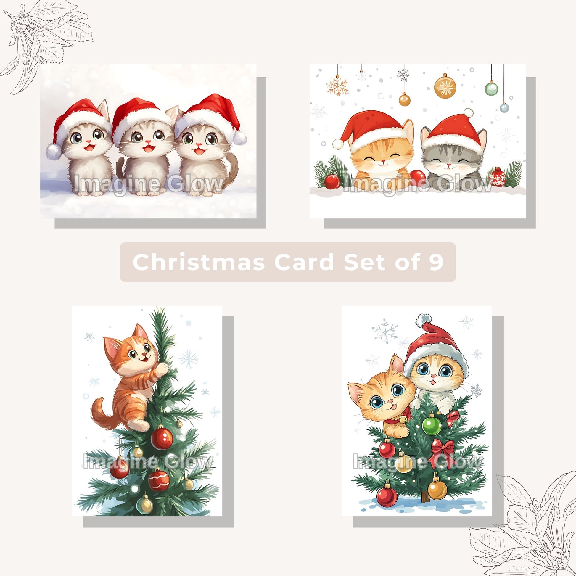 Set of 9 Cat Christmas cards in holiday theme, perfect for festive greetings.