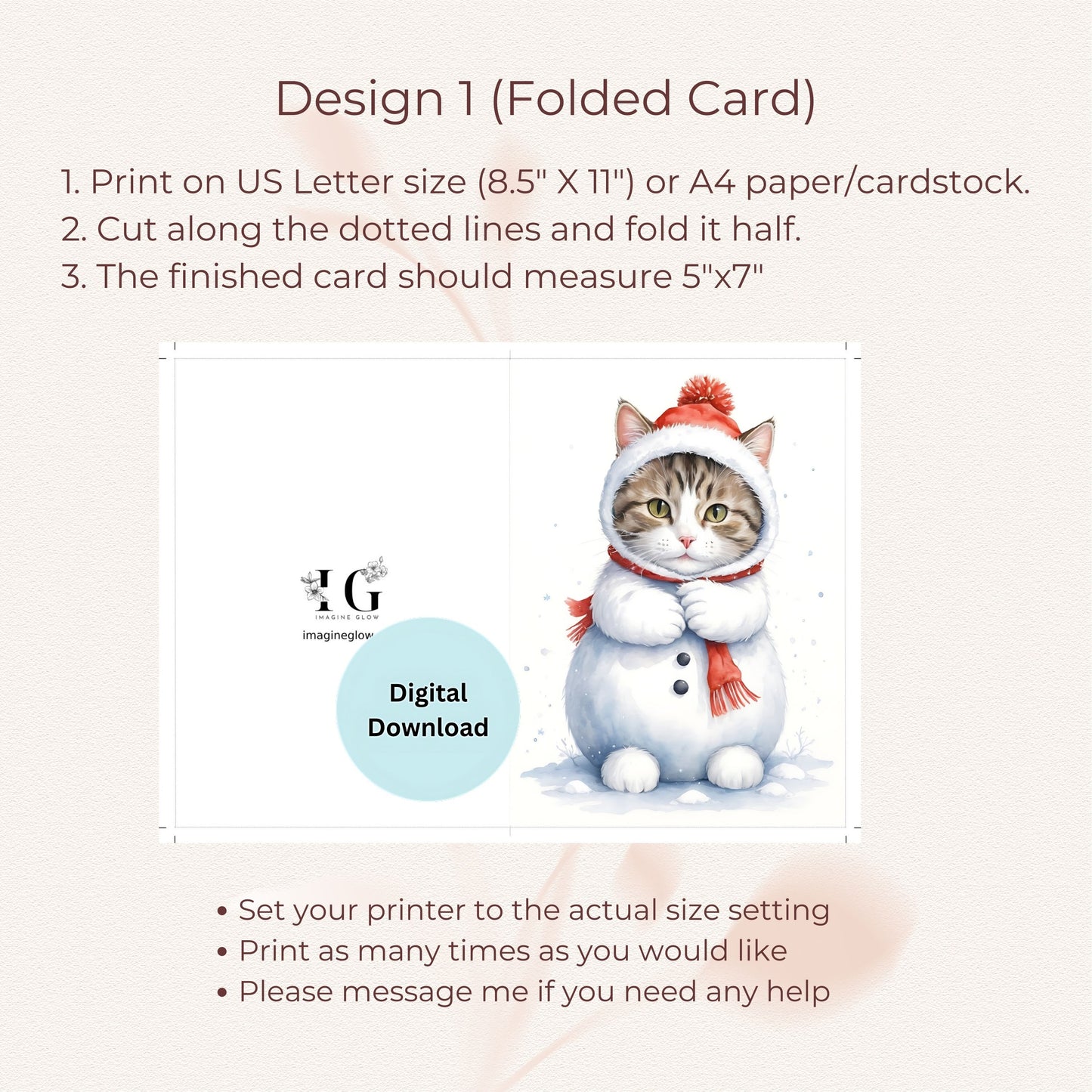 Adorable cat holiday greeting card set, printable and easy to customize.
