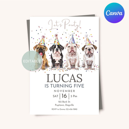 Printable Bulldog dog-themed party invite, digital download.