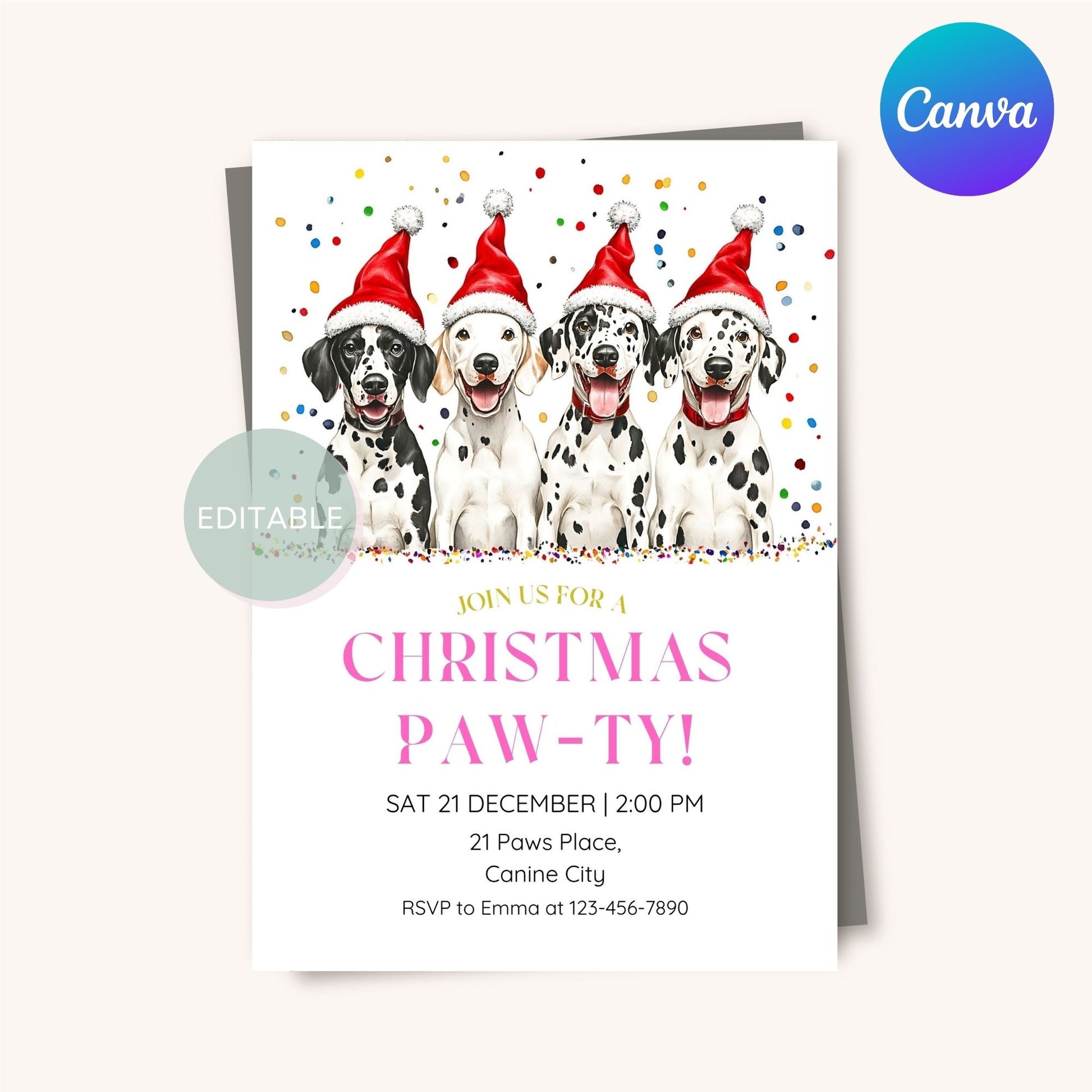 Printable dog Christmas invite with a Dalmatian theme.
Festive Dalmatian dog invitation for a Christmas party.