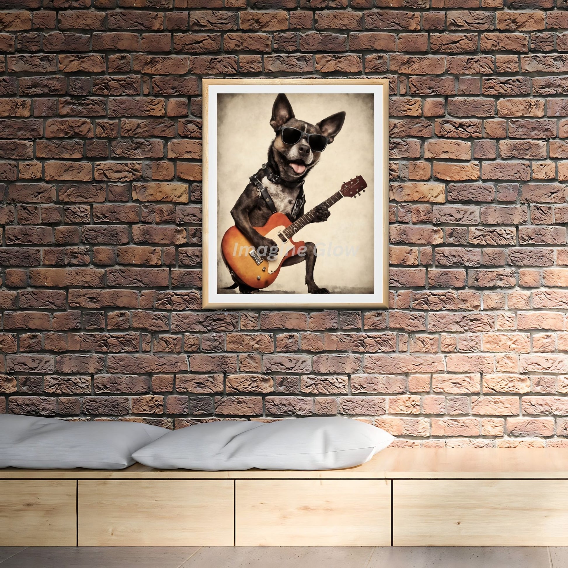 Fun dog with guitar art print for quirky music and animal decor