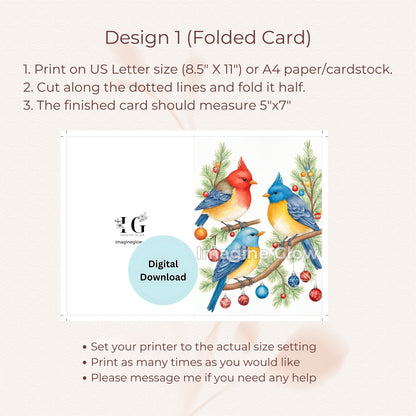 Festive greeting card with Christmas birds and seasonal accents.