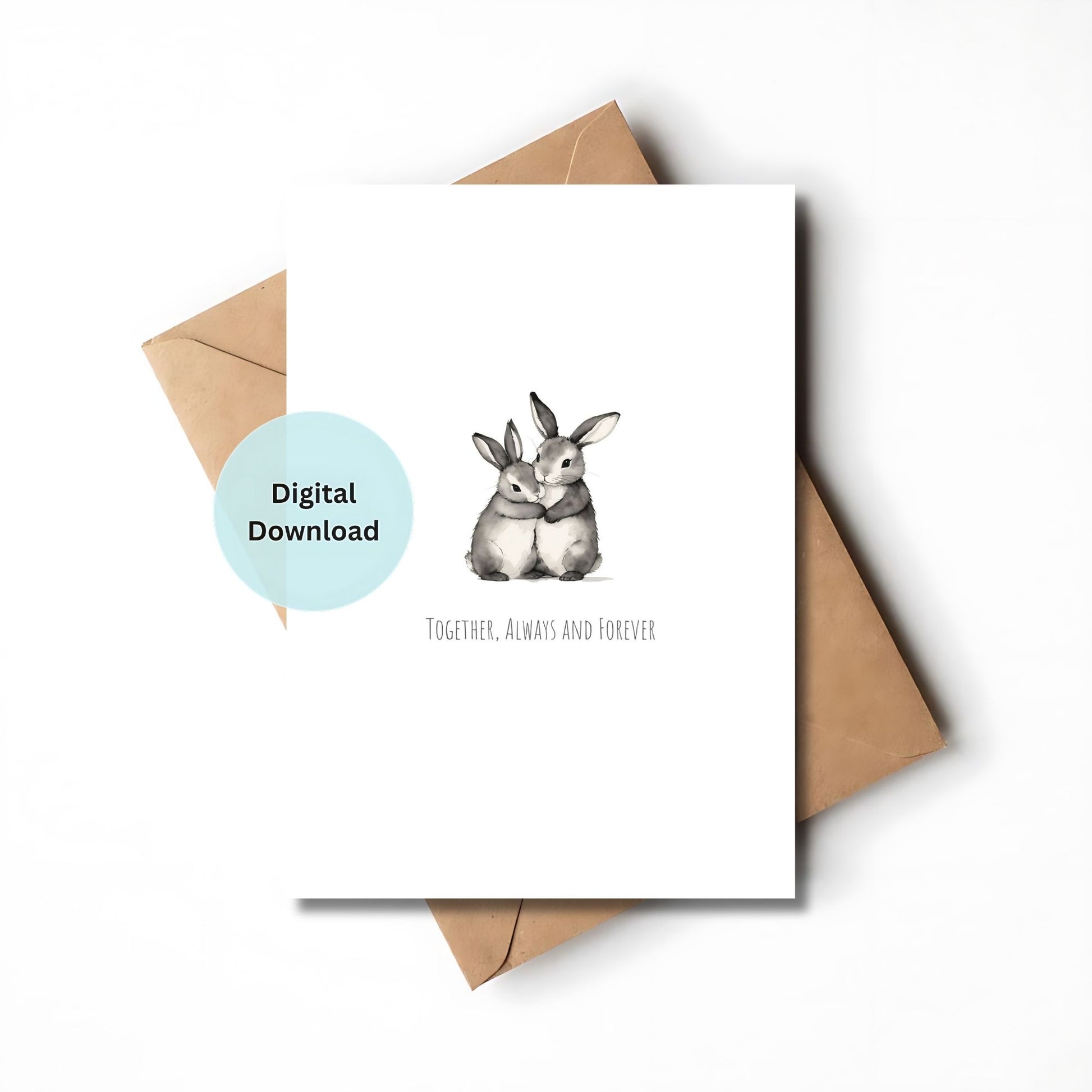 Heartfelt greeting card featuring hugging bunnies and the text: Together, Always and Forever