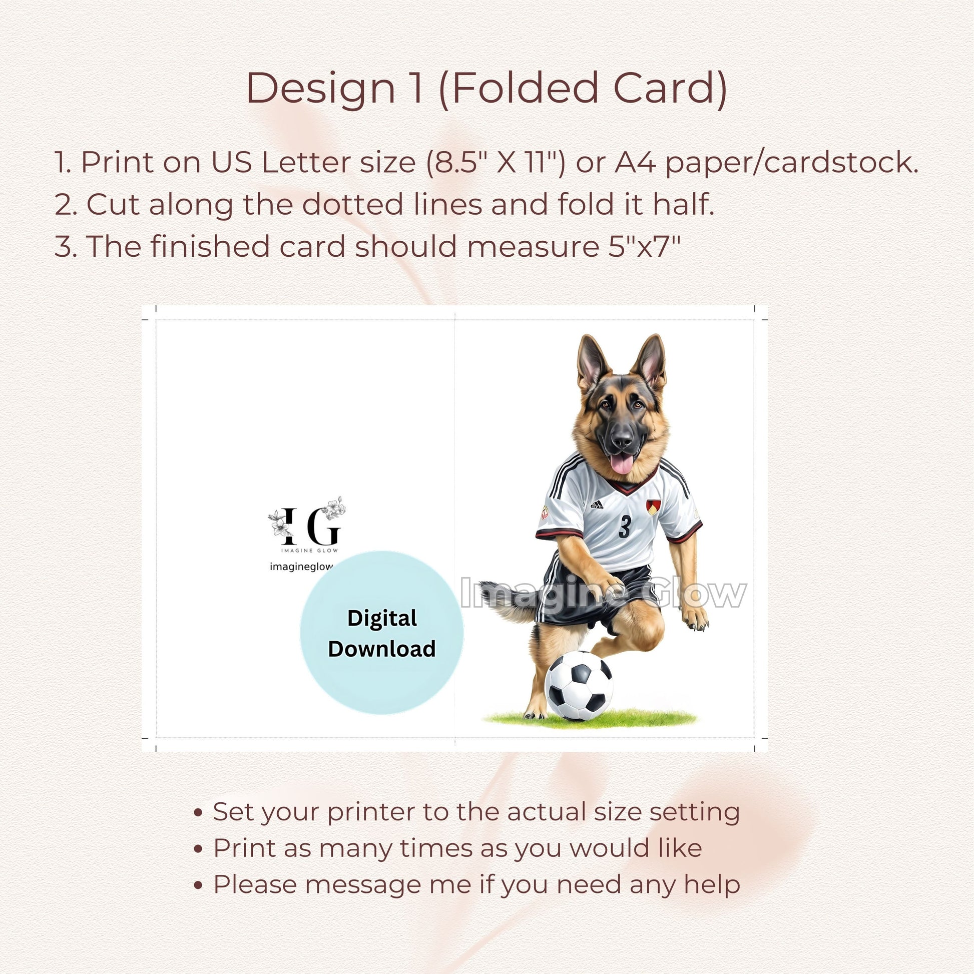 Greeting card for dog lovers featuring a German Shepherd in soccer uniform