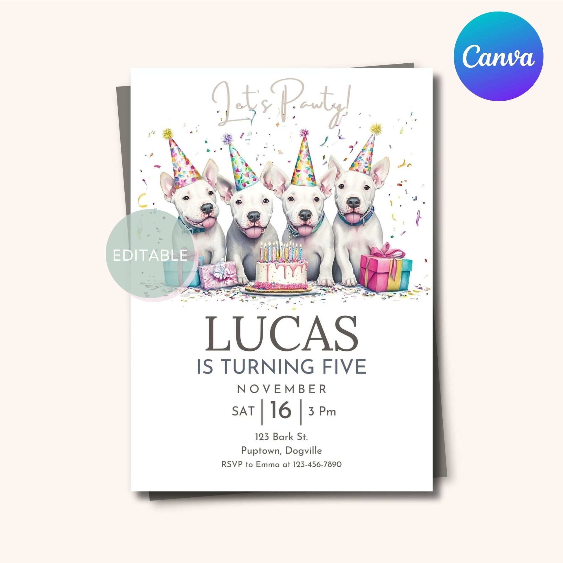 Editable Bull Terrier birthday party invite, perfect for dog lovers.
