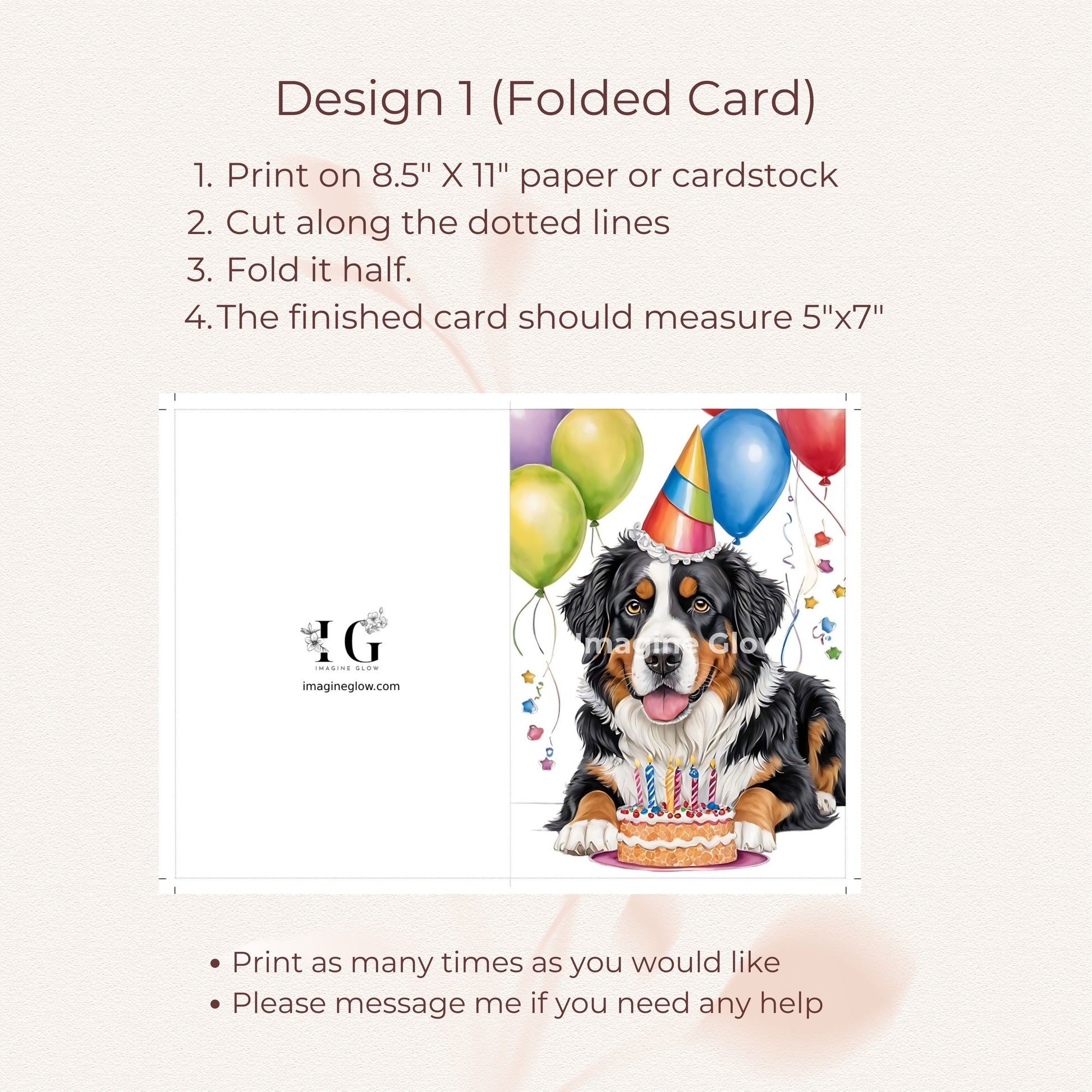 Cute Bernese Mountain Dog printable greeting card for birthdays.