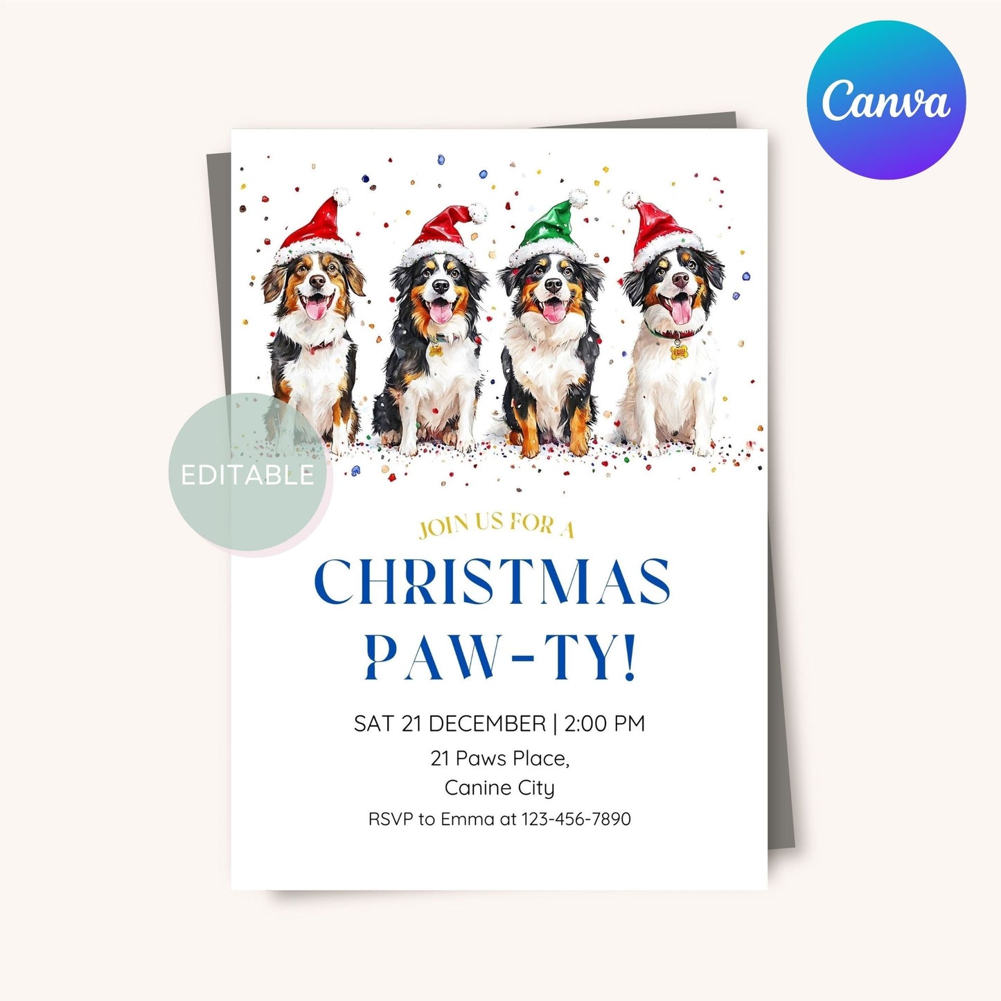 Printable dog Christmas invitation with an Australian Shepherd theme.