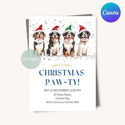 Printable dog Christmas invitation with an Australian Shepherd theme.