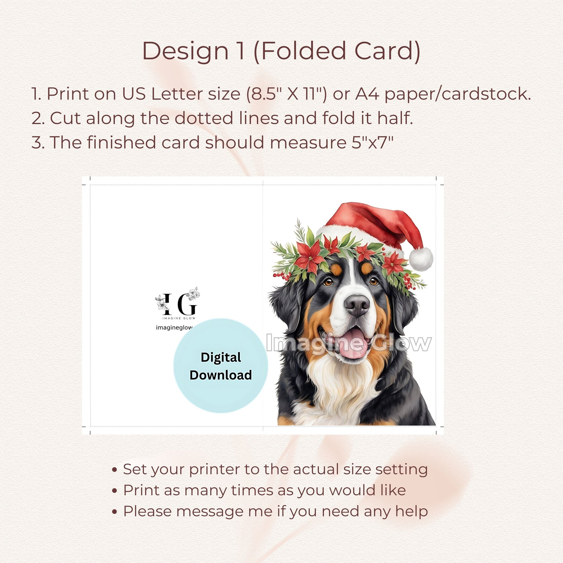 Cute Bernese Mountain Dog printable festive greeting card for the holidays