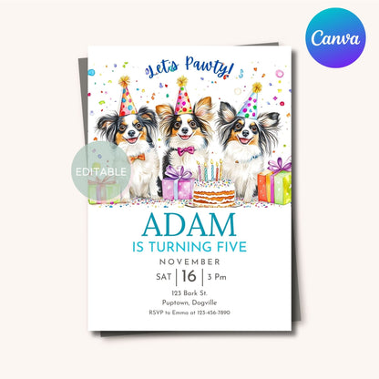 Printable Papillon dog birthday invitation, digital download.