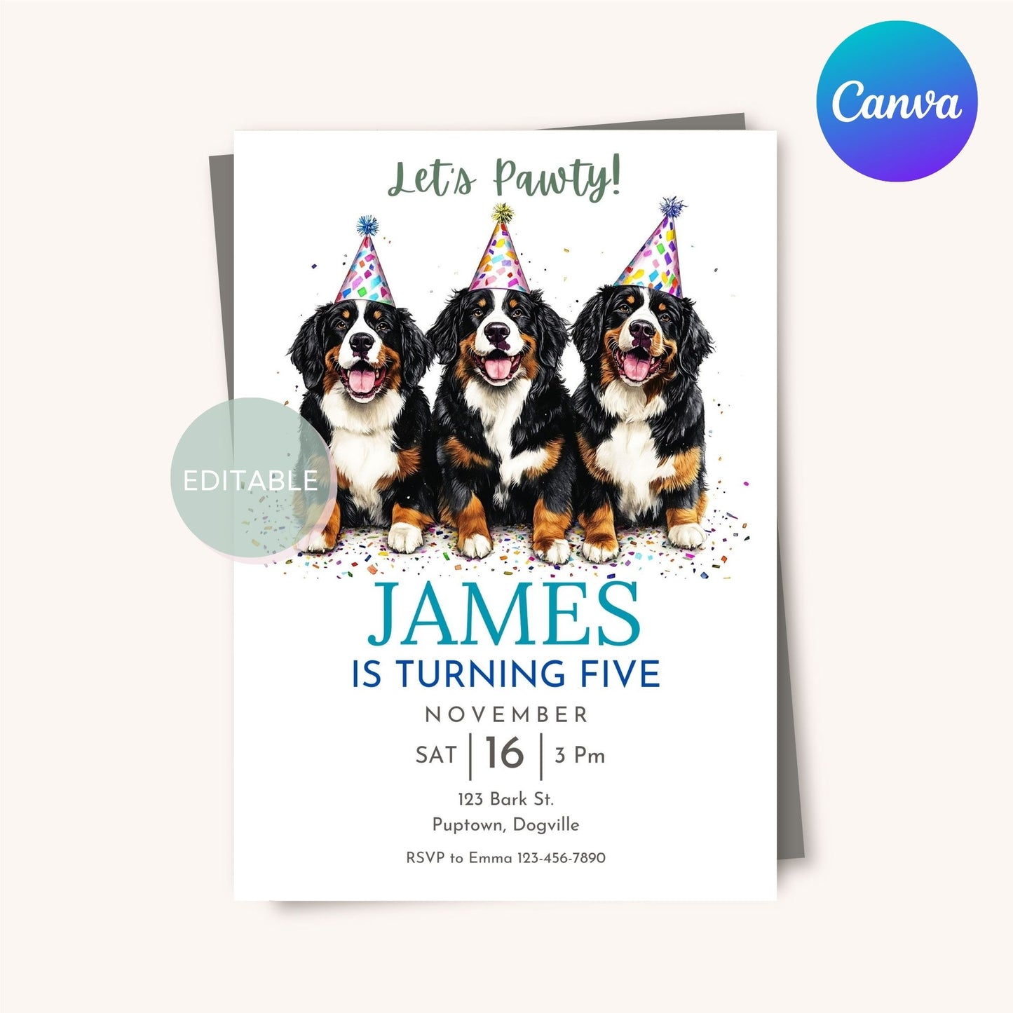 Printable Bernese Mountain Dog birthday invite, digital download.