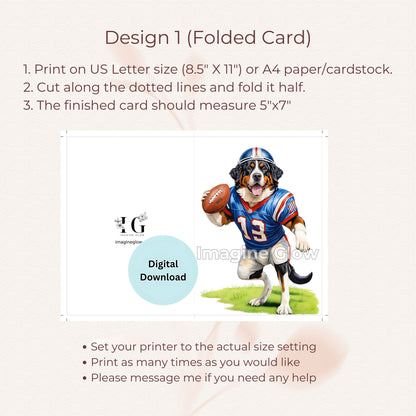 Cute Bernese Mountain Dog in football gear for a festive greeting card