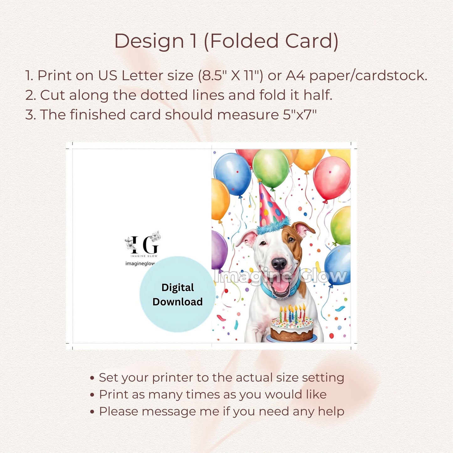 Printable greeting card featuring a Bull Terrier dog, perfect for birthdays.