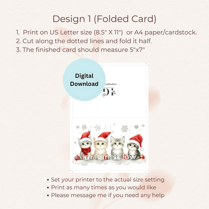 Printable set of 10 Cat Christmas cards with charming pet illustrations.