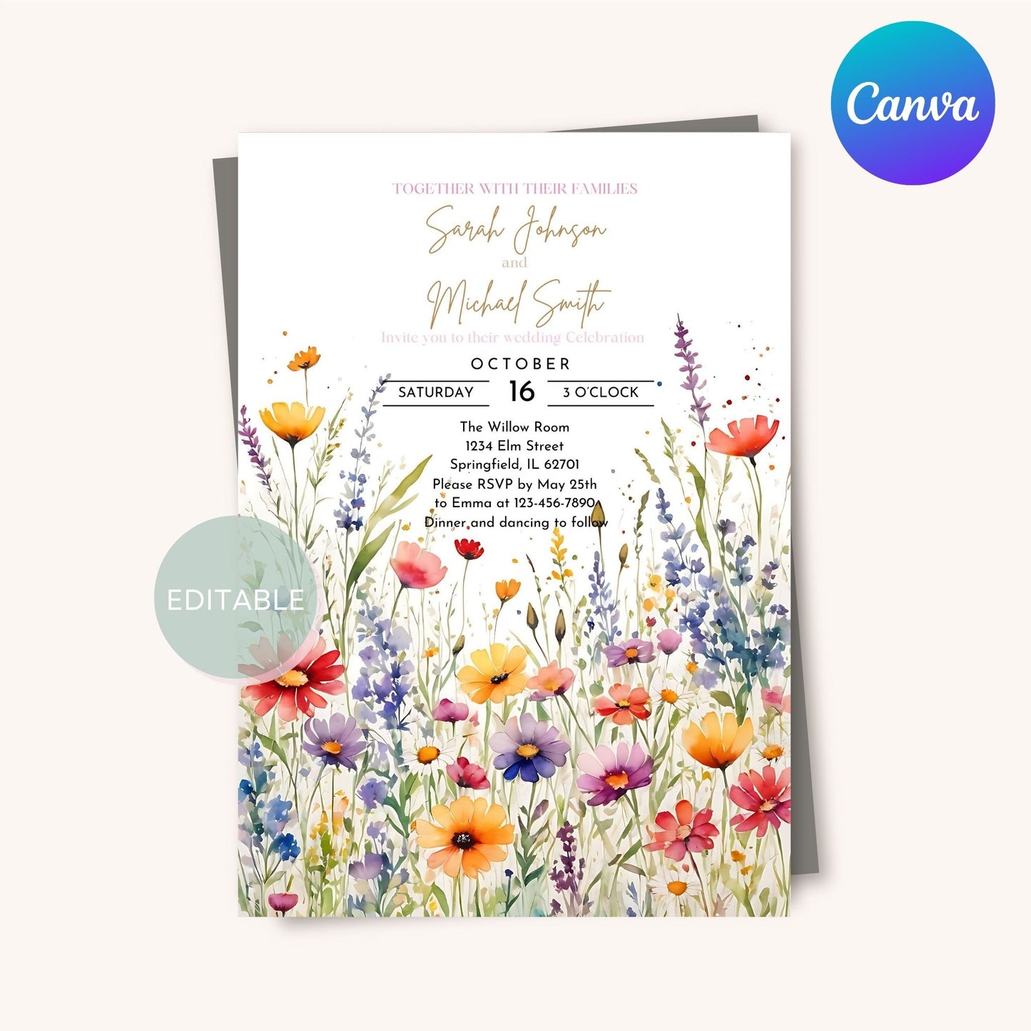 Editable wedding invitation featuring a beautiful wildflower theme.