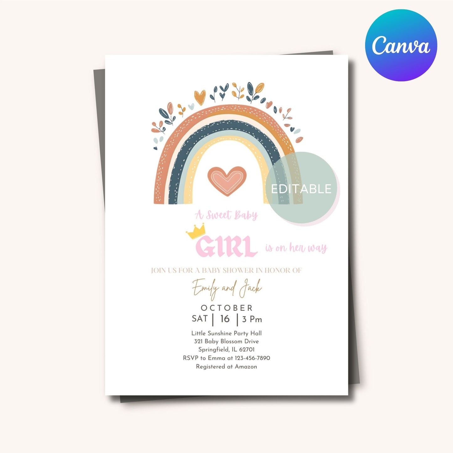 Boho Rainbow Baby Shower Invitation - Heart and Rainbow Design - Editable Printable Party Invite - Canva Template