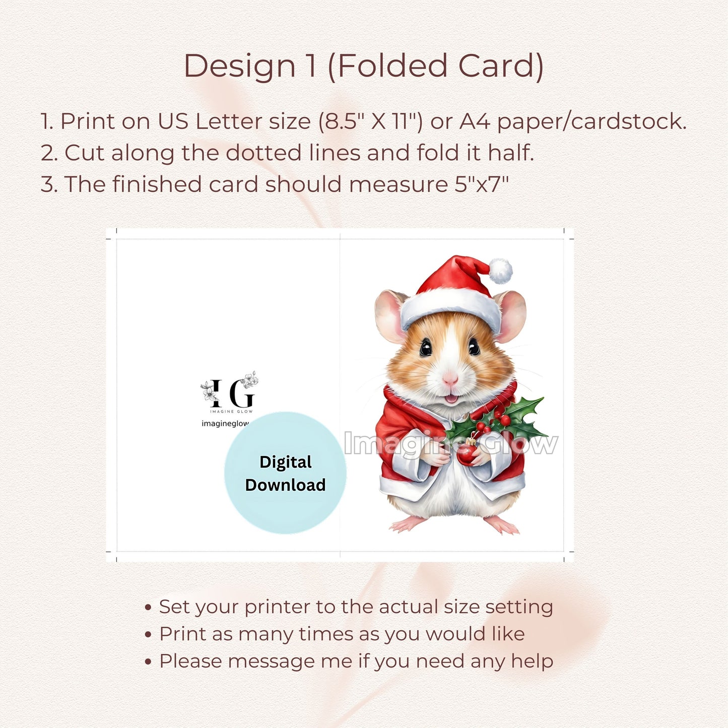 Hamster Christmas Card Set of 11 - Adorable Pet Holiday Cards - Printable Greeting Cards B