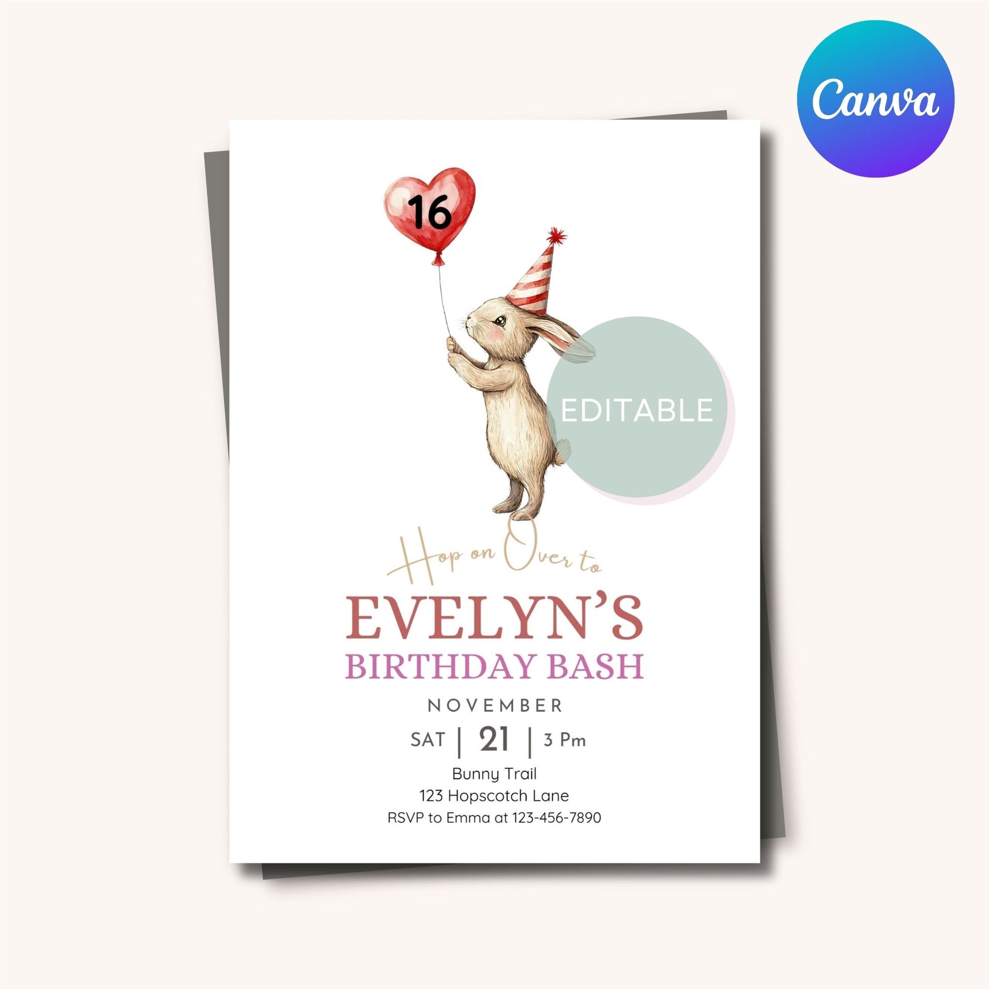 Customizable birthday invitation with balloon number and bunny design.