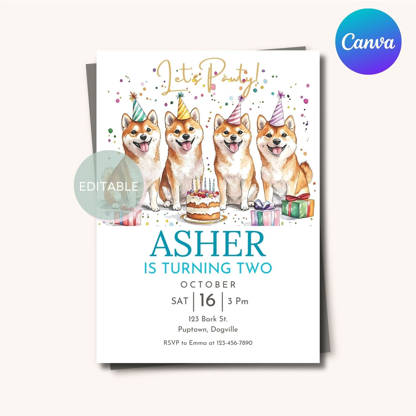 Printable Shiba Inu-themed birthday party invitation.