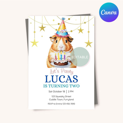 Digital download of an editable guinea pig birthday invitation template, perfect for creating unique invites for any birthday party.