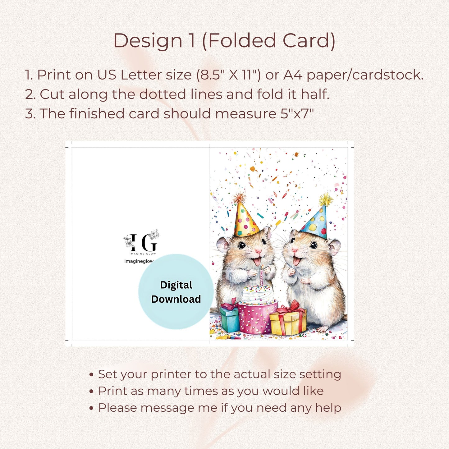 Printable birthday card with hamsters wearing party hats, perfect for hamster lovers