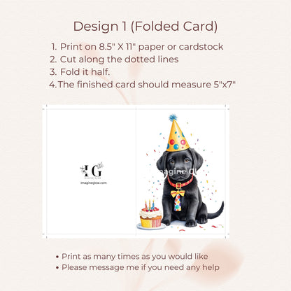 Printable birthday card designed for Labrador Retriever lovers and puppy enthusiasts