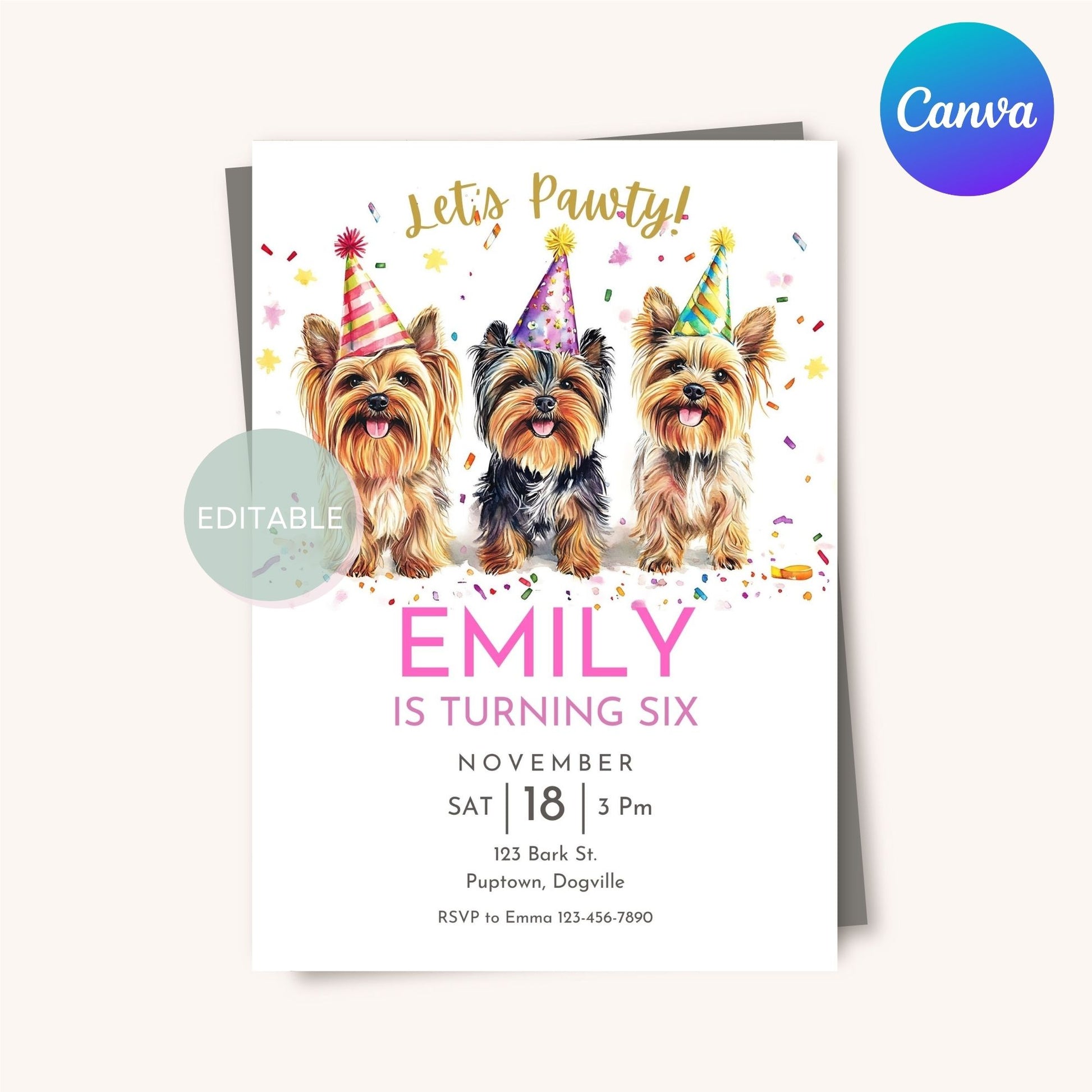 Printable Yorkshire Terrier birthday invite, editable in Canva.